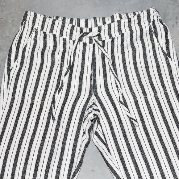 Black White Stripe Linen Bermuda Shorts Summer Casual Long Shorts Size Medium - Picture 2 of 4